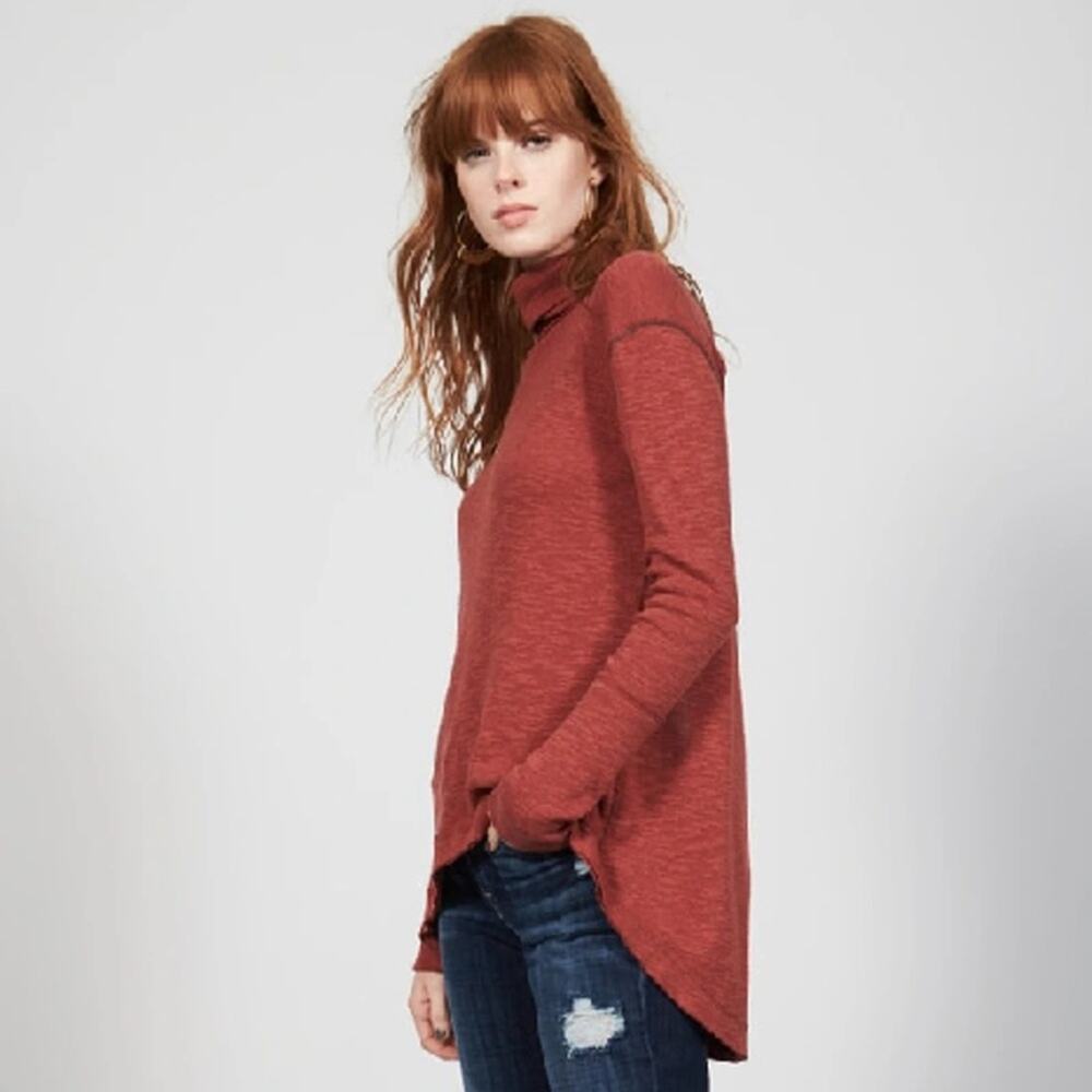 Free People‎ Split Back Turtleneck Bohemian Hippie Festival Distressed Rust XS